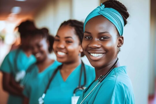 Smiling healthcare professionals in blue scrubs