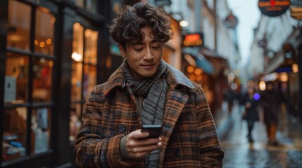 Fototapeta premium A man in a stylish coat and shirt checking his phone on a city street.