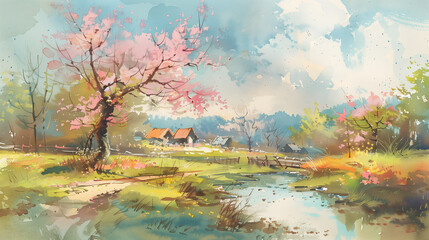 Beautiful watercolor painting of a spring rural landscape with blossoming trees and small houses.