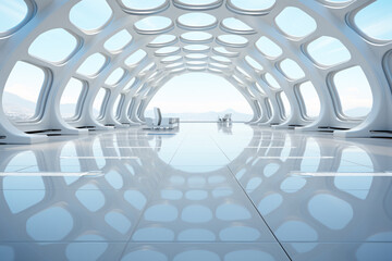 Modern Futuristic Corridor with Bright Blue Sky and Sleek Metal Columns Along White Floor