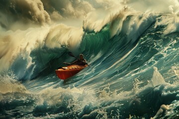 Fototapeta premium A painting depicting a person navigating a kayak through a massive wave, A surreal composition of a kayak being carried by giant waves