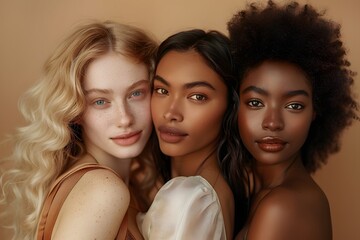 Obraz premium Beautiful group of diverse female models with freckles, dark skin and radiant skin, without makeup, natural skin against light background