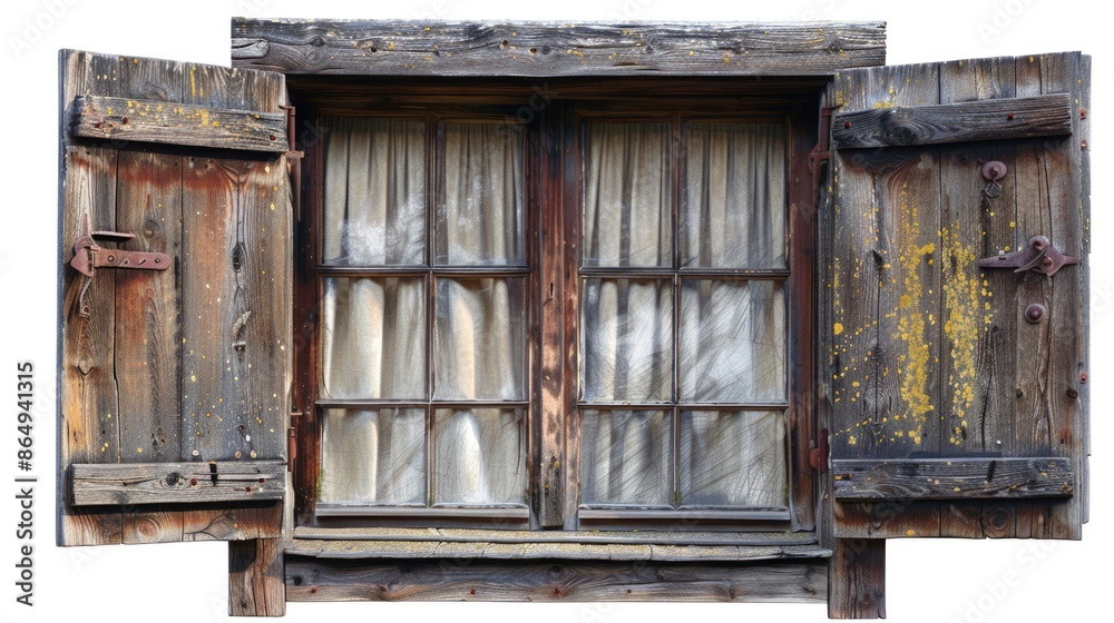 Aufkleber a traditional wooden window with a curtain and a window sill, perfect for use in interior design or 