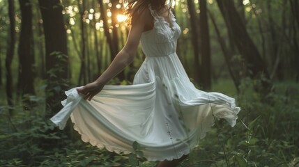 Fototapeta premium A woman in a white dress walking through a dense forest, looking around and enjoying the scenery
