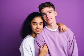 Couple, age 18, Mixed race, holding hands, first love, pastel purple background