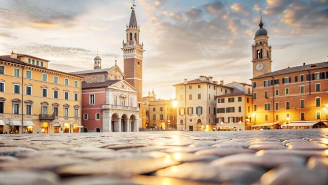 Fototapeta ethereal italian cityscape at twilight cobblestone streets and historic architecture blurred into dreamy pastel hues soft focus creates romantic atmosphere perfect for overlaying text or designs