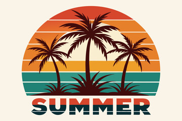 Summer t-shirt design. Retro and vintage summer vibes t-shirt design with palm tree, sea beach, and sunset vector illustration