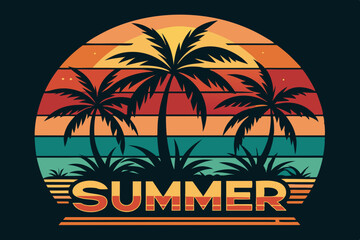 Obraz premium Summer t-shirt design. Retro and vintage summer vibes t-shirt design with palm tree, sea beach, and sunset vector illustration