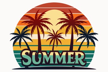 Summer t-shirt design. Retro and vintage summer vibes t-shirt design with palm tree, sea beach, and sunset vector illustration