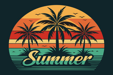 Summer t-shirt design. Retro and vintage summer vibes t-shirt design with palm tree, sea beach, and sunset vector illustration