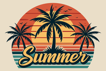 Summer t-shirt design. Retro and vintage summer vibes t-shirt design with palm tree, sea beach, and sunset vector illustration