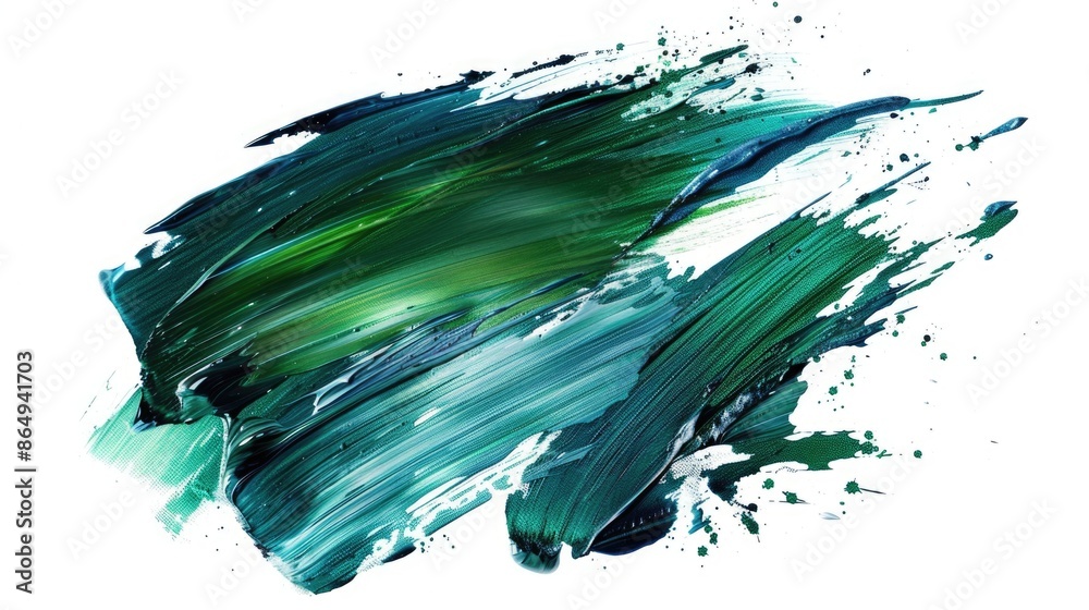 Poster a detailed view of a single green brush stroke on a white background, suitable for art or design pro