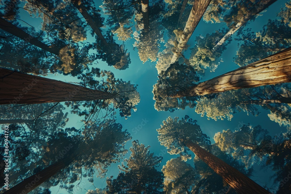 Poster a group of tall trees standing together in a dense forest
