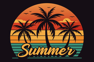 Summer t-shirt design. Retro and vintage summer vibes t-shirt design with palm tree, sea beach, and sunset vector illustration