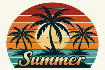 Summer t-shirt design. Retro and vintage summer vibes t-shirt design with palm tree, sea beach, and sunset vector illustration