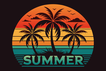 Summer t-shirt design. Retro and vintage summer vibes t-shirt design with palm tree, sea beach, and sunset vector illustration