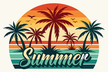 Summer t-shirt design. Retro and vintage summer vibes t-shirt design with palm tree, sea beach, and sunset vector illustration
