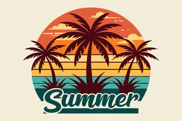 Summer t-shirt design. Retro and vintage summer vibes t-shirt design with palm tree, sea beach, and sunset vector illustration