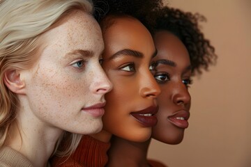 Obraz premium Beautiful group of diverse female models with freckles, dark skin and radiant skin, without makeup, natural skin against light background