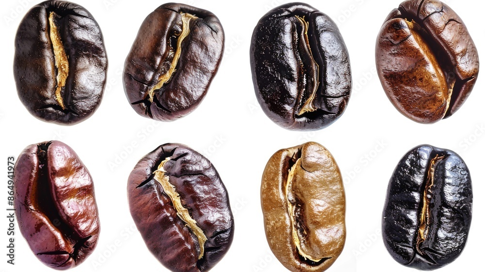 Poster a close-up shot of a collection of coffee beans arranged on a clean white surface