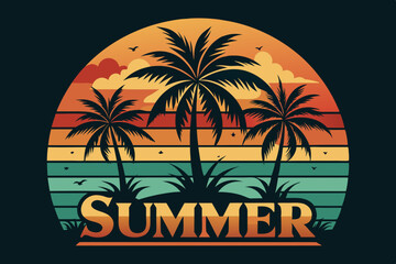 Summer t-shirt design. Retro and vintage summer vibes t-shirt design with palm tree, sea beach, and sunset vector illustration