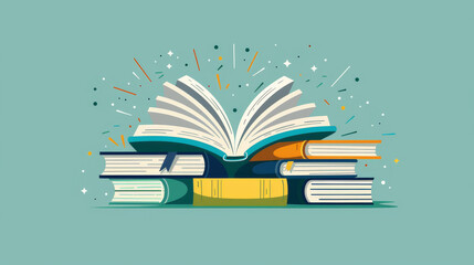 Fototapeta premium An open book with its pages facing downward and a stack of books. This illustration represents reading, education, e-books, literature, and encyclopedias.
