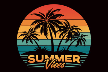 Summer t-shirt design. Retro and vintage summer vibes t-shirt design with palm tree, sea beach, and sunset vector illustration
