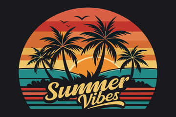 Summer t-shirt design. Retro and vintage summer vibes t-shirt design with palm tree, sea beach, and sunset vector illustration
