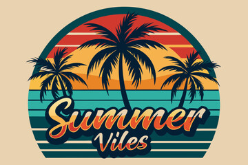 Summer t-shirt design. Retro and vintage summer vibes t-shirt design with palm tree, sea beach, and sunset vector illustration