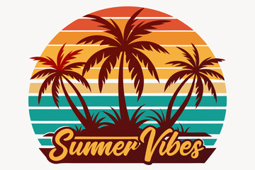 Summer t-shirt design. Retro and vintage summer vibes t-shirt design with palm tree, sea beach, and sunset vector illustration