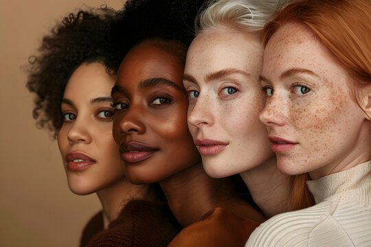 Beautiful group of diverse female models with freckles, dark skin and radiant skin, without makeup, natural skin against light background