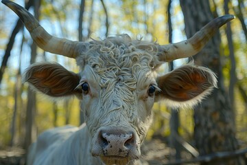 A detailed view of a cow with exaggerated features standing in a dense wooded area, A surreal cow with exaggerated features, such as oversized horns or exaggerated eyes
