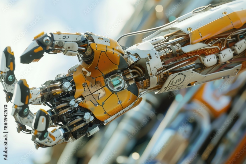 Poster close-up of a robot arm with a cityscape or urban landscape in the background, suitable for technolo