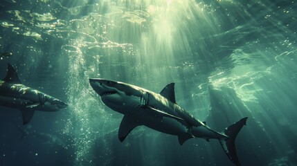 Fototapeta premium Great White Sharks in Deep Water 