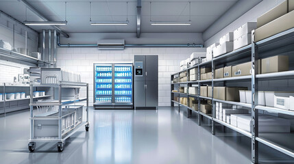 An industrial freezer room with rows of shelves stocked with boxes and a metal cart in the center of the room