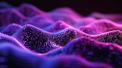 Abstract 3D Digital Wave Pattern in Vibrant Neon Colors with Dotted Grid Effect Background.