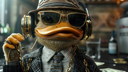 Cool rich gangster boss duck with business suit and tie, sunglasses, hat, headphones, gold chain and money dollars