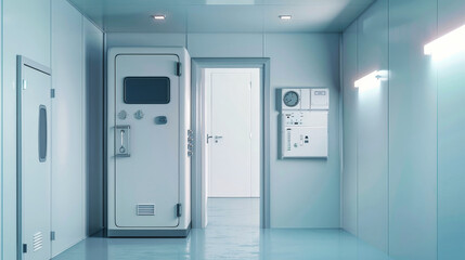 An industrial freezer room with a large, white freezer door and a smaller door leading to an adjacent room. The walls are white and the floor is clean