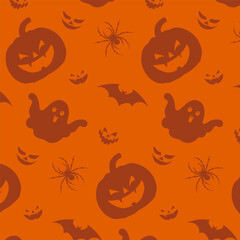 Simple vector orange colored seamless pattern with jack-o-lantern and ghosts flat style