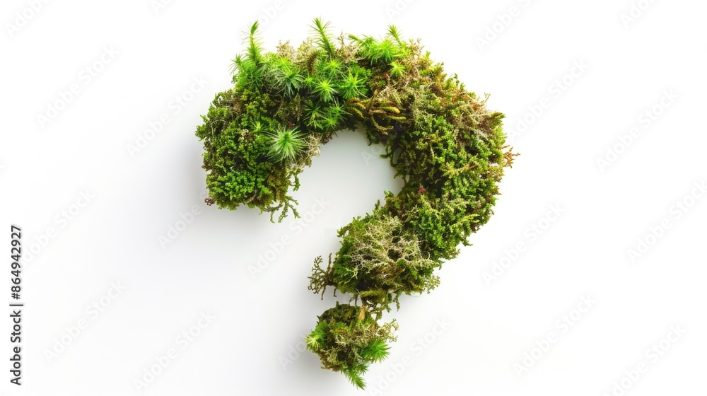 Poster a close-up shot of a moss-covered question mark on a white surface