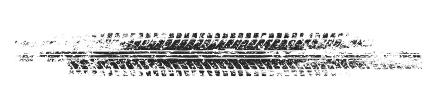 Grunge tire track, wheel braking marks. Truck, car or motorcycle tread pattern silhouette. Auto race, motorsport, speed racing design element. Vector illustration