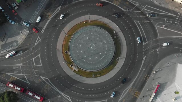Aerial top down view on roundabout city traffic, top view
