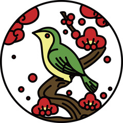 カラー円形シンプル花札　鶯　如月　梅　2月　梅に鶯