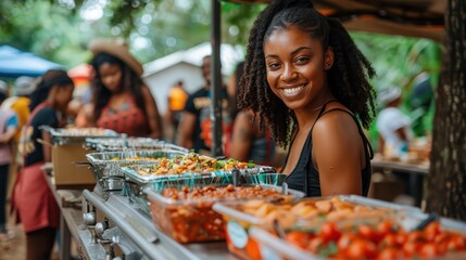 A group of friends is having a picnic. It has red, black and green themed decorations and food.