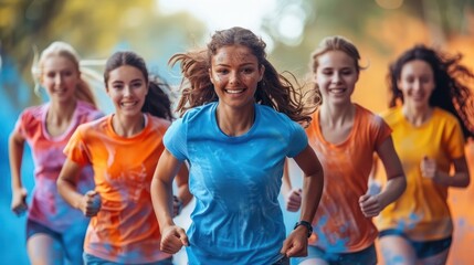 A group of friends participating in a charity run, supporting each other and celebrating their bond.