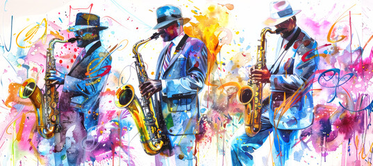 Three jazz musicians are depicted in a vibrant watercolor painting, each playing a saxophone with passion and intensity