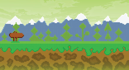 Pixel 2d flat game background, nature landscape pixel scene with green grass and ground platforms, pixelated template for computer game or application