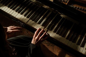 Fototapeta premium A woman sits at a piano in a darkened room, focusing on her music