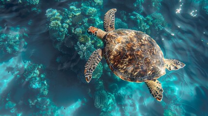 Obraz premium Green Turtle Swimming in the Blue Sea -