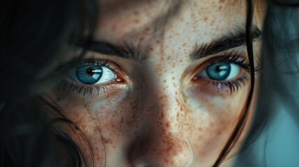 Image of a close-up portrait of a person with expressive eyes, revealing a depth of emotion and storytelling. Soft light, neutral background